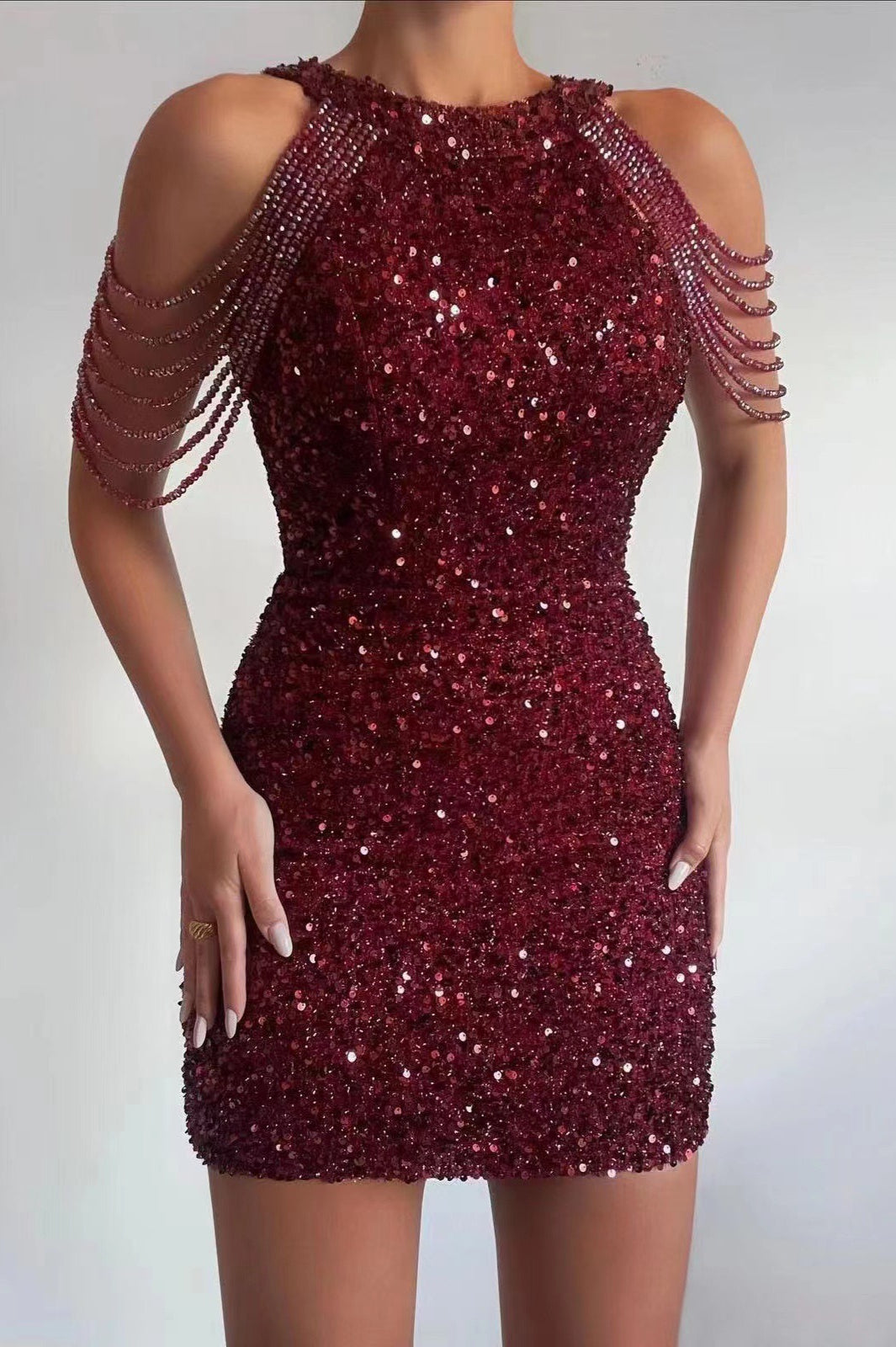 Crystal Fringe Halter Backless Bodycon Mini Cocktail Dress - View 3