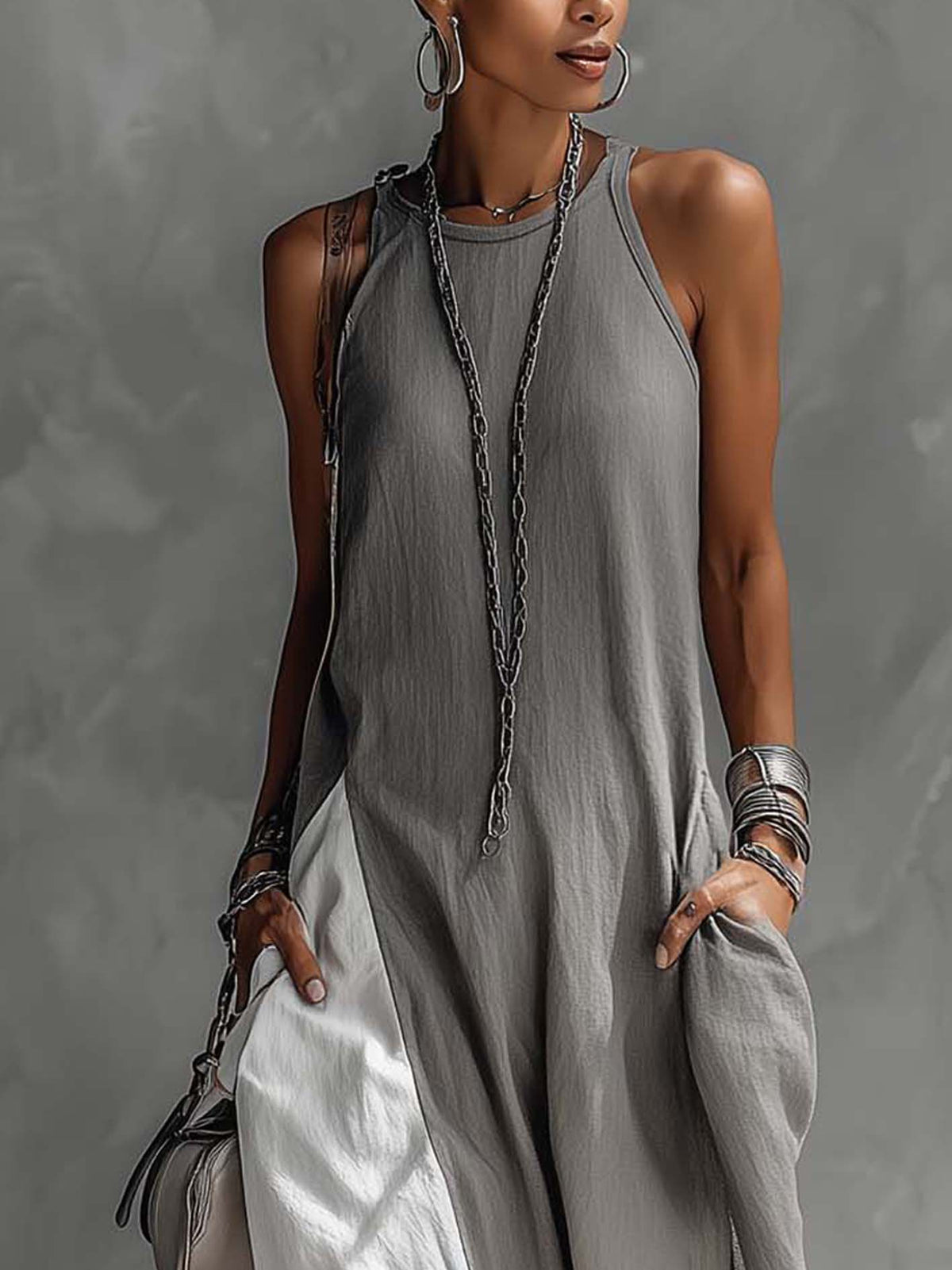 Color Block Sleeveless Linen Look Maxi Dress 3