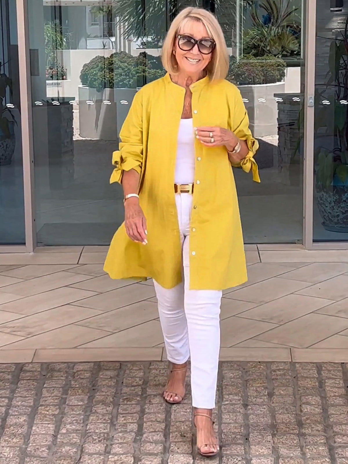 Band Collar Roll Sleeve Button Longline Shirt Jacket 5