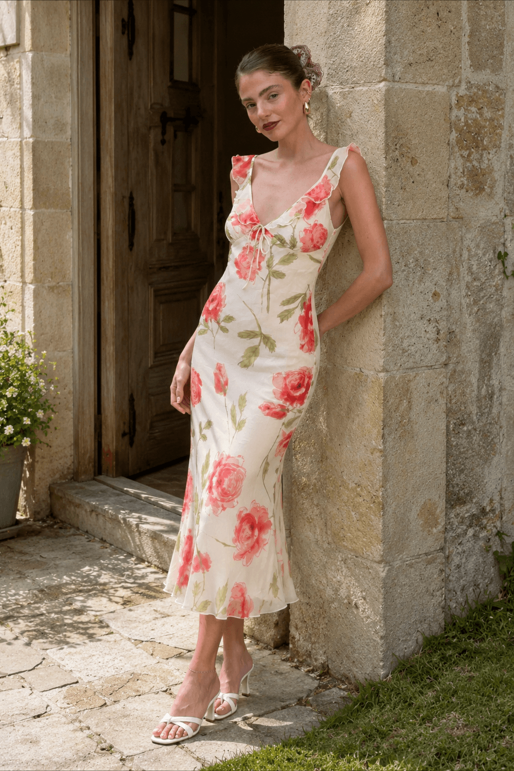Floral V-Neck Ruffle Tie Front Bias Cut Midi Dress 4