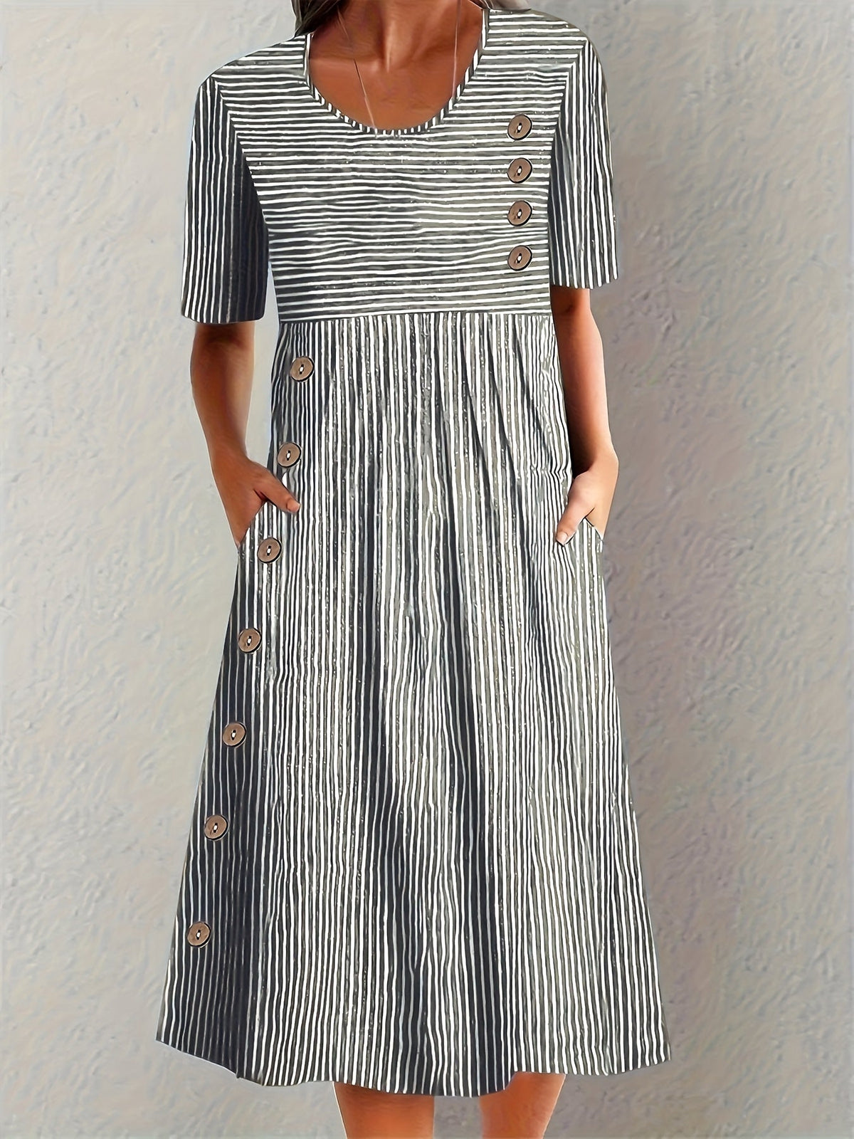 Striped Scoop Neck Short Sleeve Button Detail Midi Dress 3