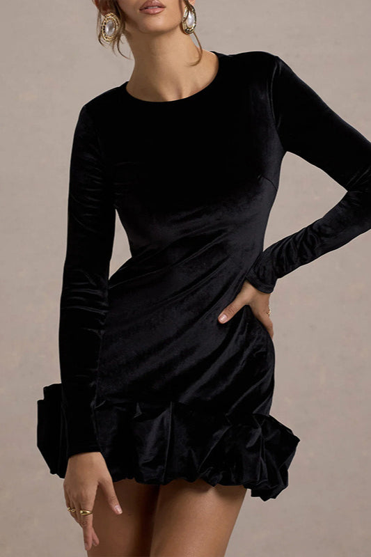 Velvet Crew Neck Ruched Midi Dress - View 8