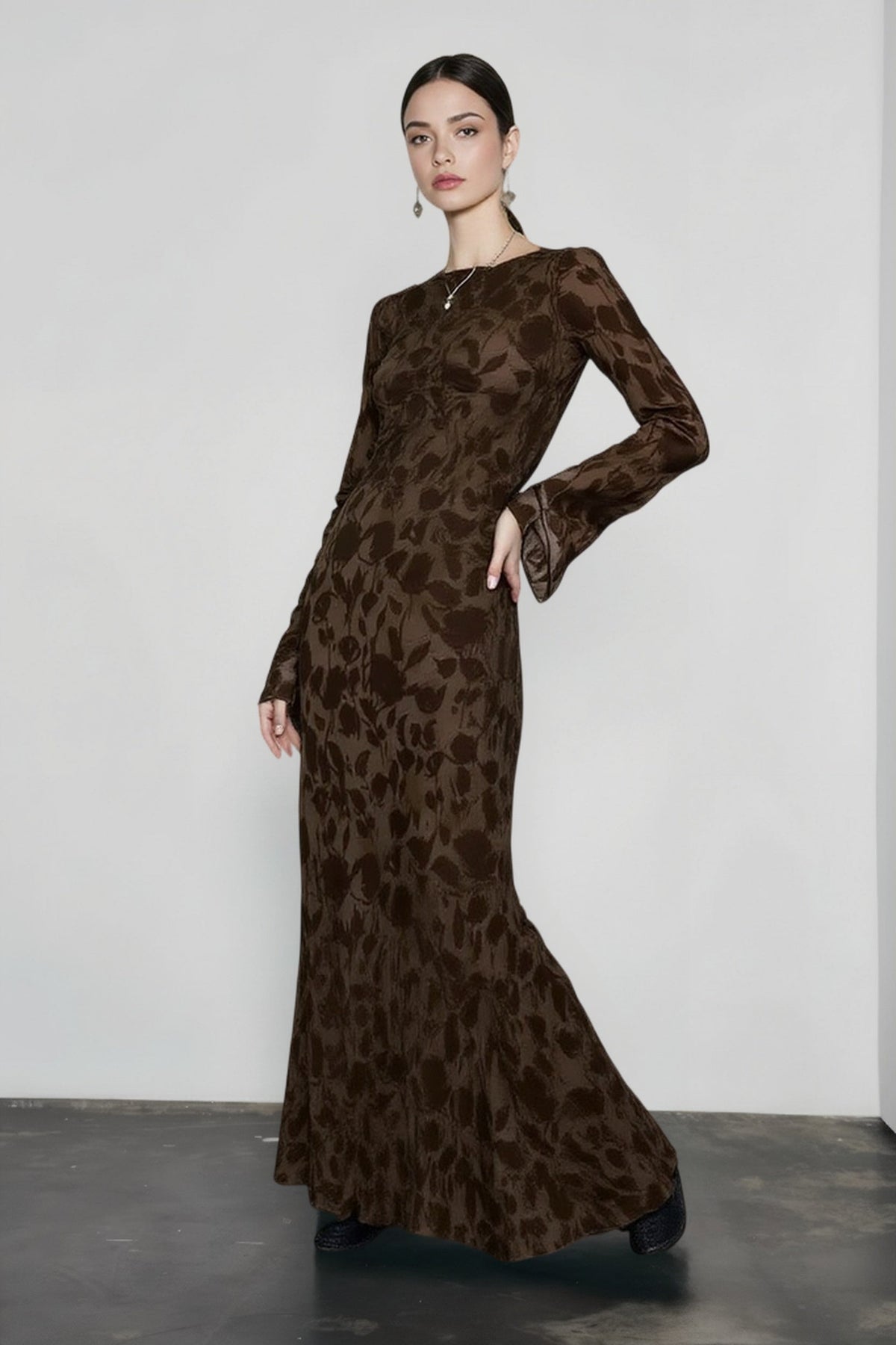 Floral Print Boat Neck Long Sleeve A-Line Maxi Dress - View 3