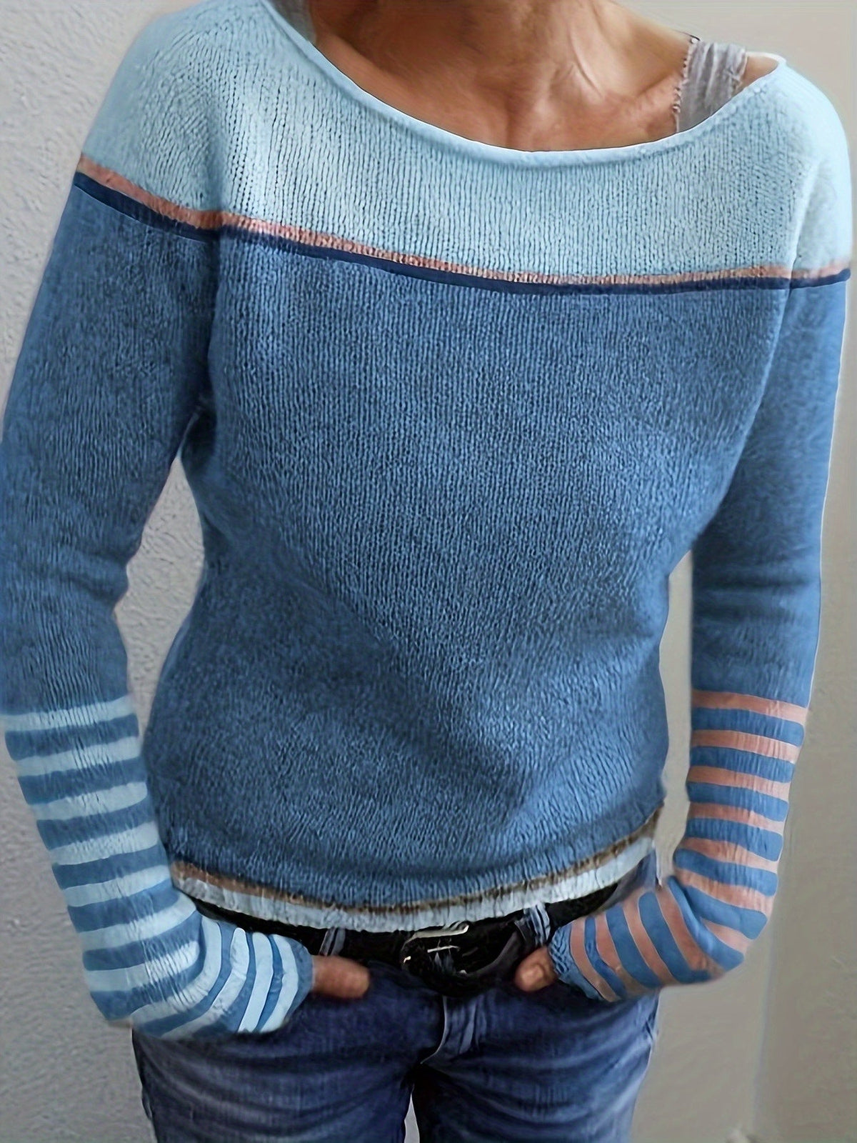 Boat Neck Long Sleeve Striped Lightweight Knit Sweater 11