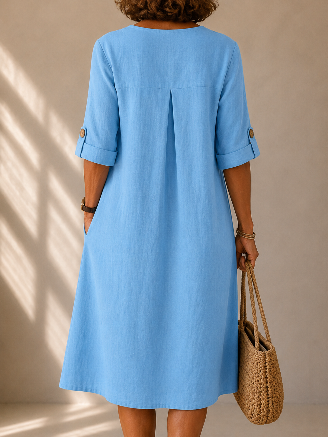 V-Neck Button Front Roll Sleeve Linen Look Midi Dress 2