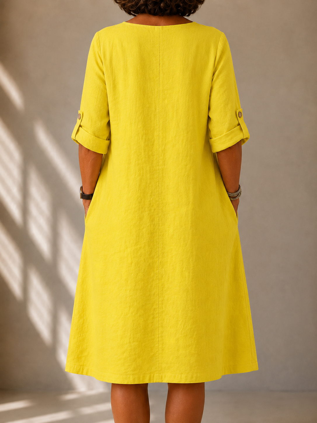 Split Neck Long Sleeve Side Pocket Shift Midi Dress 2