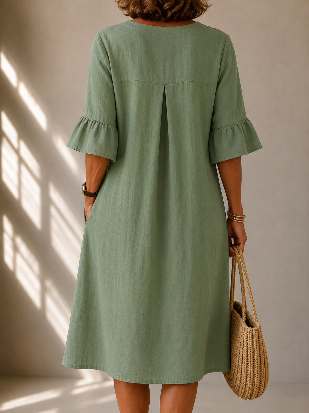 Notch V-Neck Button Front Bell Sleeve Midi Dress 2