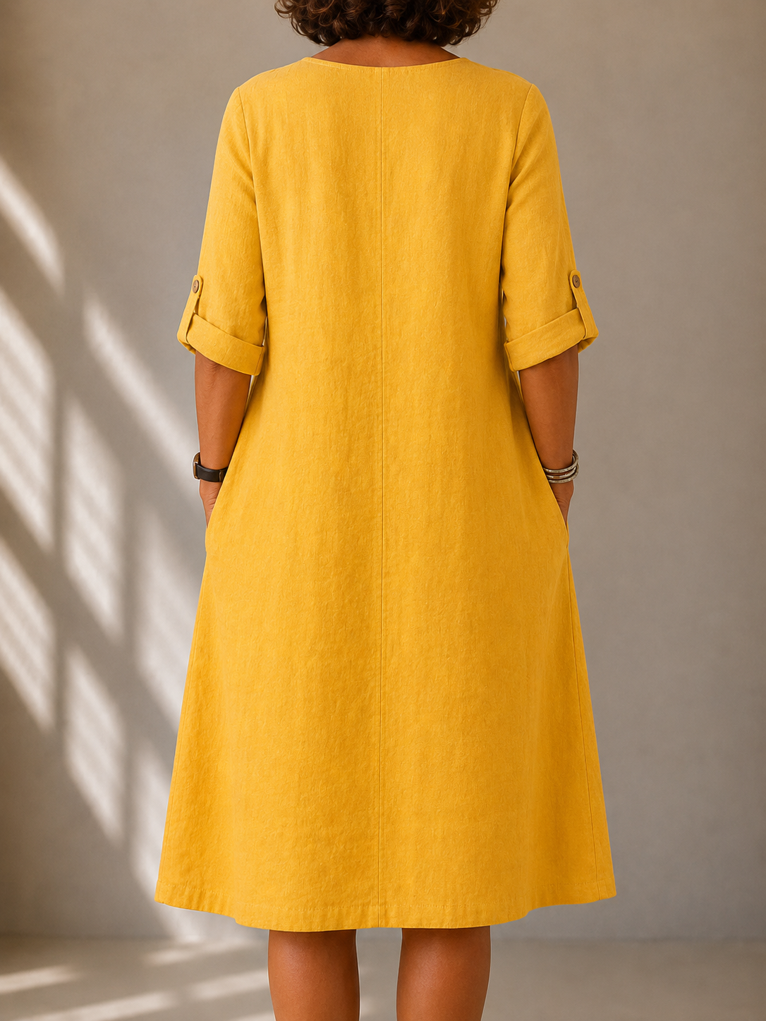 Linen Look Notch V-Neck Long Sleeve Pocket Shift Dress 2