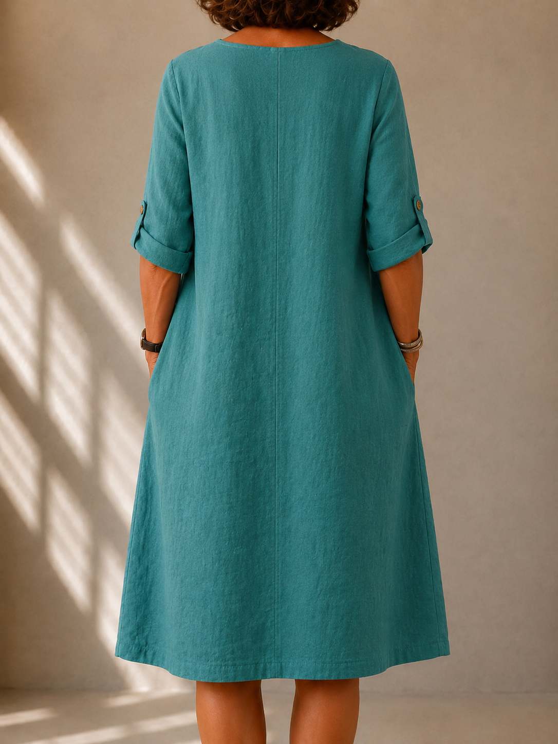 Notch Neck Long Sleeve Linen Look Midi Dress with Pockets 2
