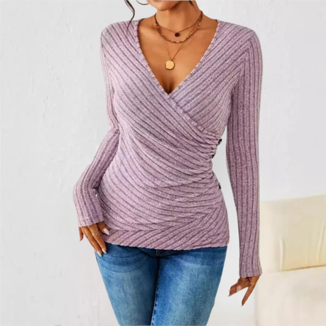 Ribbed Knit Wrap V-Neck Long Sleeve Ruched Top