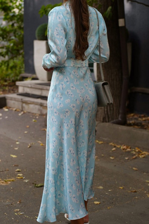 Satin Floral Print Collar Long Sleeve Belted Midi Dress - View 2