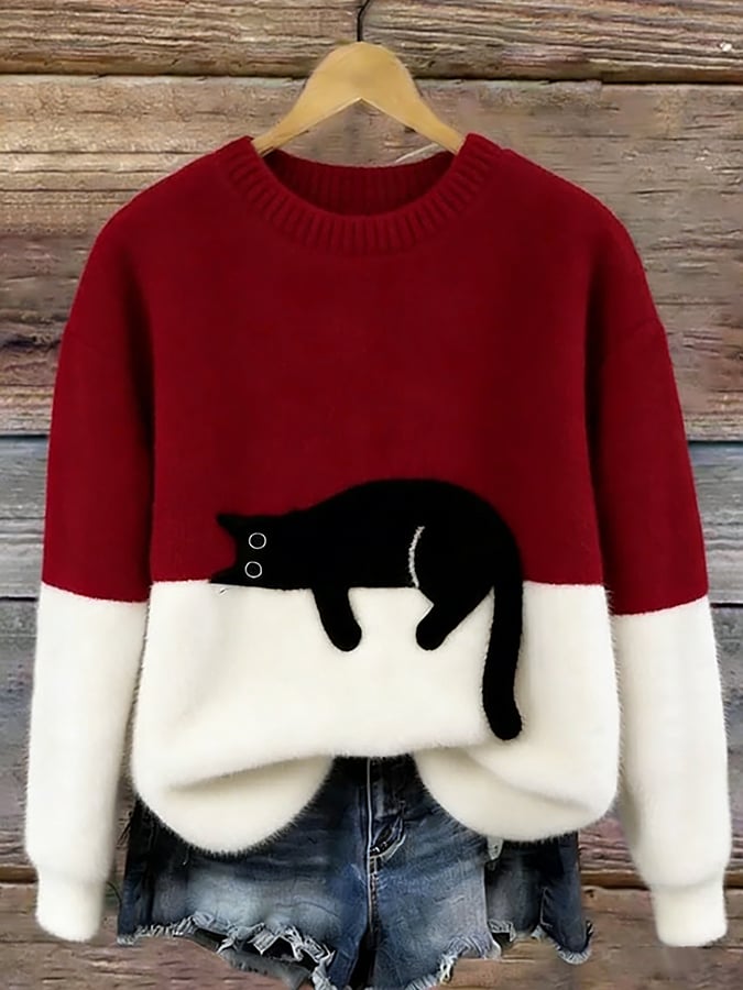 Cat Print Colorblock Crew Neck Fuzzy Sweater 6