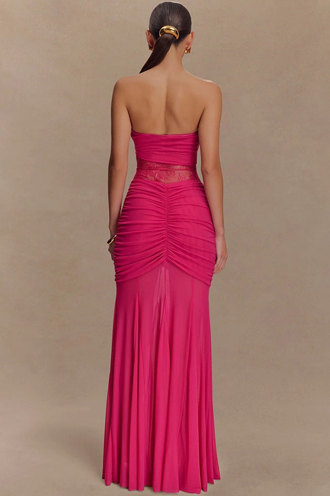 Strapless Twist Front Lace Corset Ruched Mermaid Maxi Dress 6