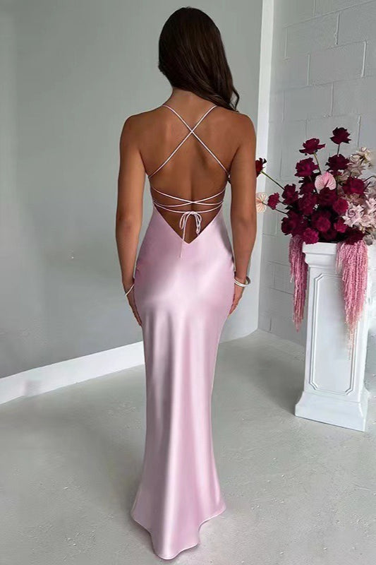 Satin Scoop Neck Spaghetti Strap Lace Up Back Bias Cut Slip Maxi Dress - View 10