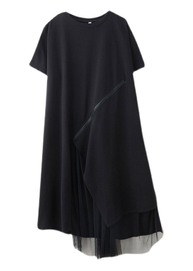 Diagonal Zip Mesh Layer Asymmetrical Hem Short Sleeve Midi Dress - View 5