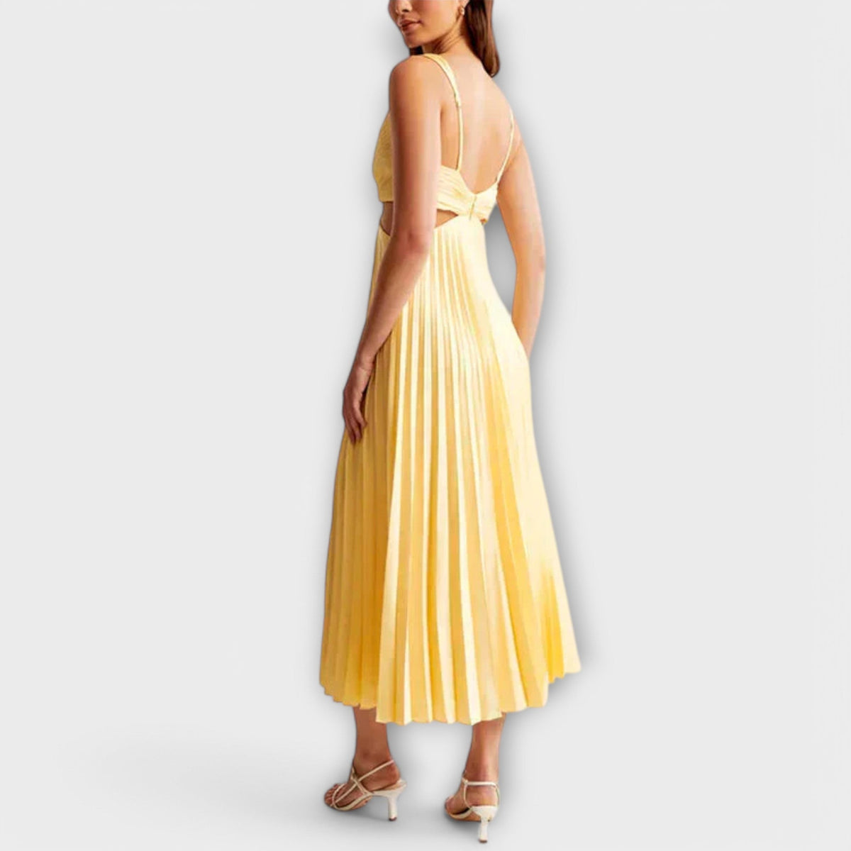 Deep V-Neck Cut Out Pleated Satin Midi Dress 2