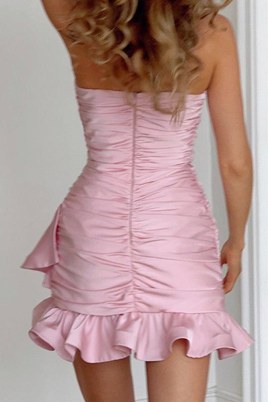 Satin Strapless Ruched Ruffle Hem Bodycon Mini Dress - View 6