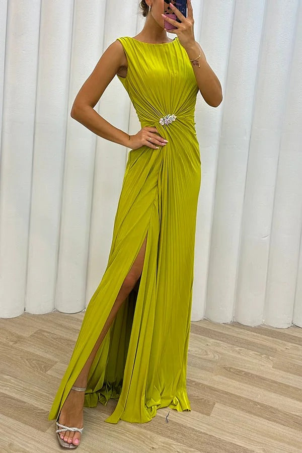 Crew Neck Sleeveless Micro Pleat Rhinestone Waist High Split Maxi Gown - View 3