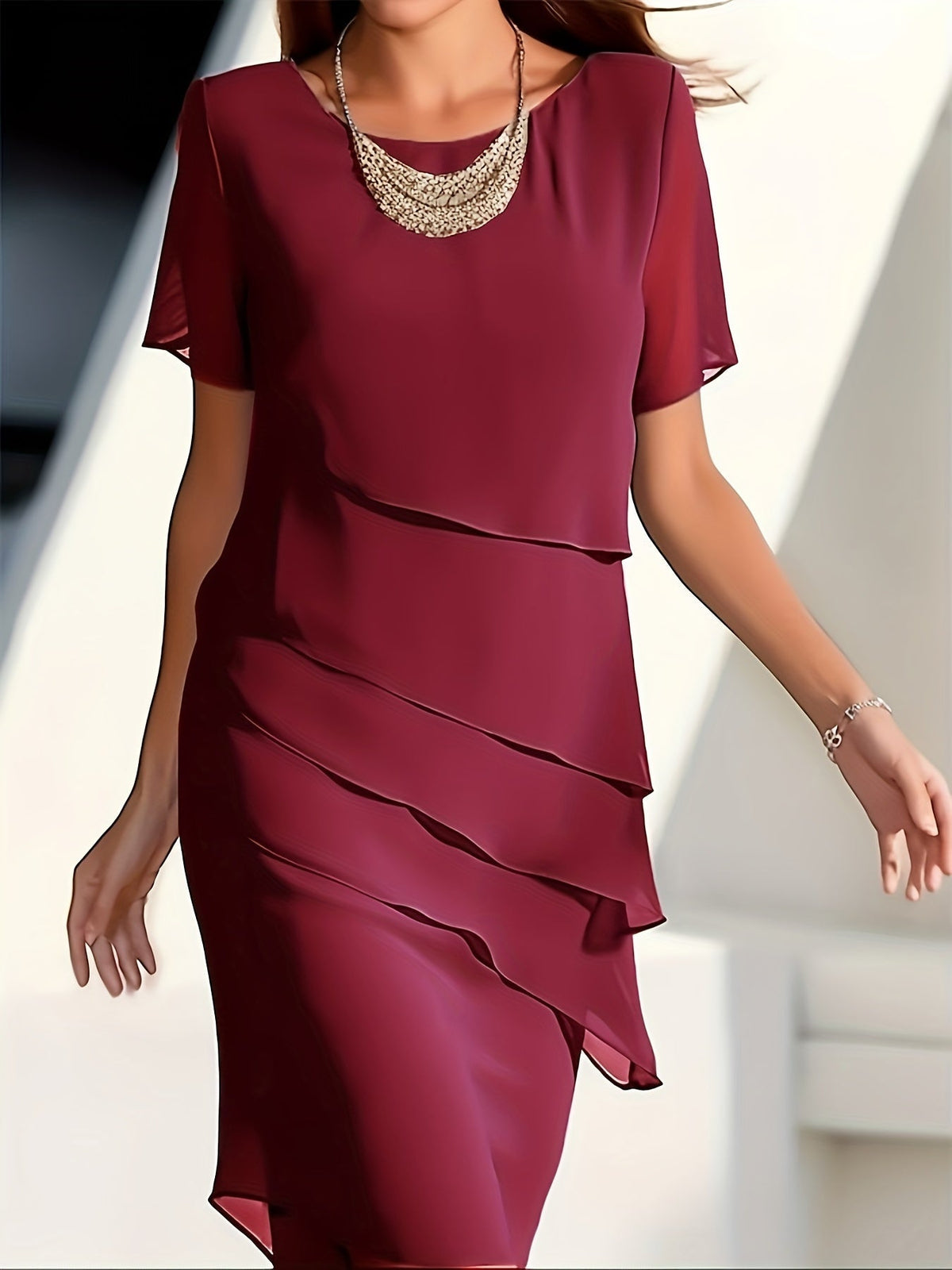 Cotton Layered Trim Round Neck Short Sleeve Midi Dress - View 8