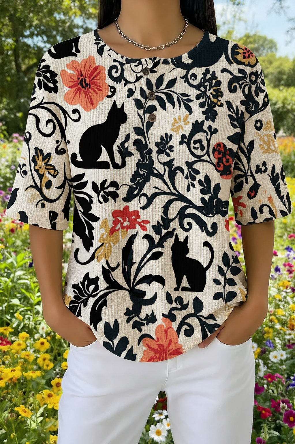Cat Floral Print Short Sleeve Waffle Henley Top