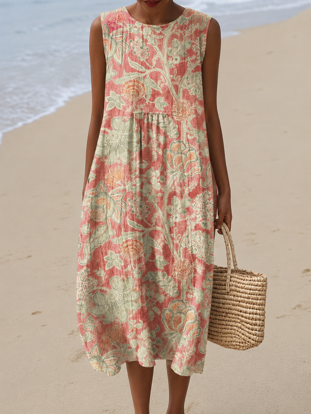 Floral Print Round Neck Sleeveless Tiered Midi Dress 2