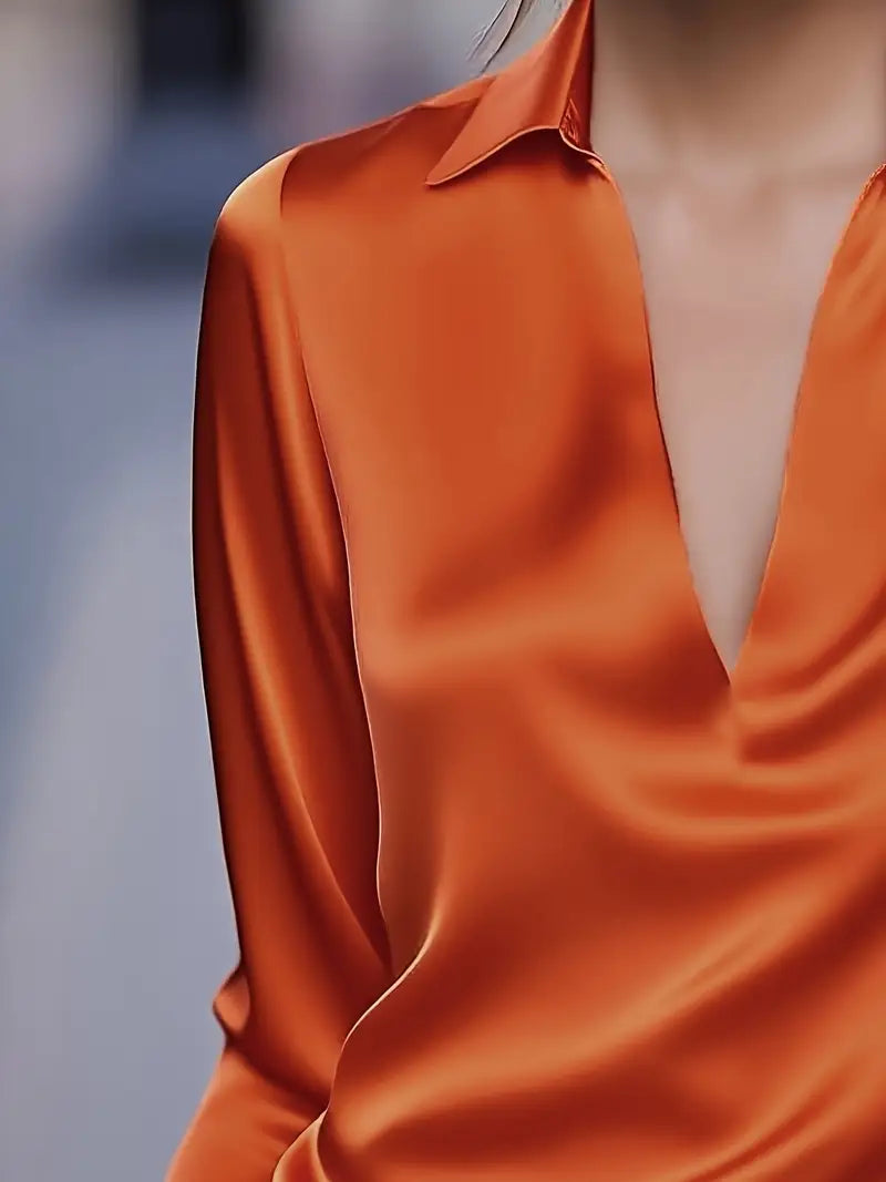 Collared Deep V-Neck Long Sleeve Satin Blouse 26