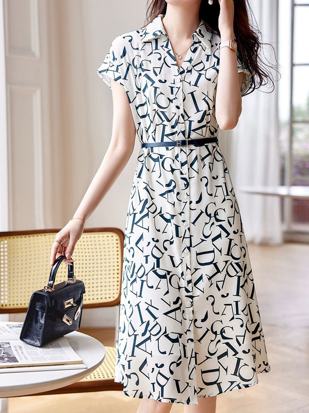 Letter Print Button Down Shirt Collar Cap Sleeve Belted Midi Dress - View 2
