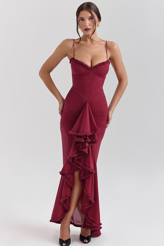Spaghetti Strap Ruched Corset Bodice Ruffle Trim Maxi Party Dress - View 10