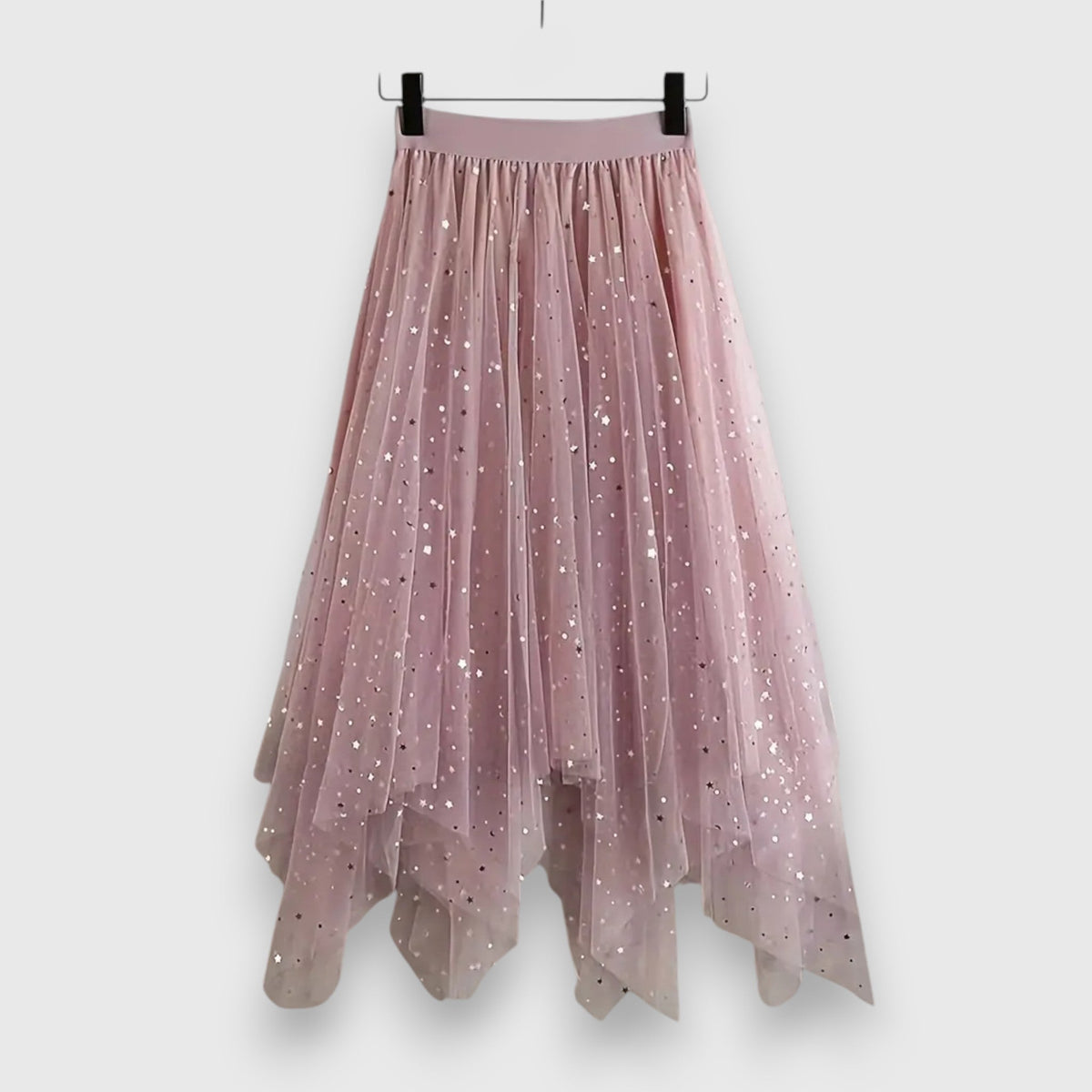 High Waist Star Sequin Handkerchief Hem Tulle Midi Skirt
