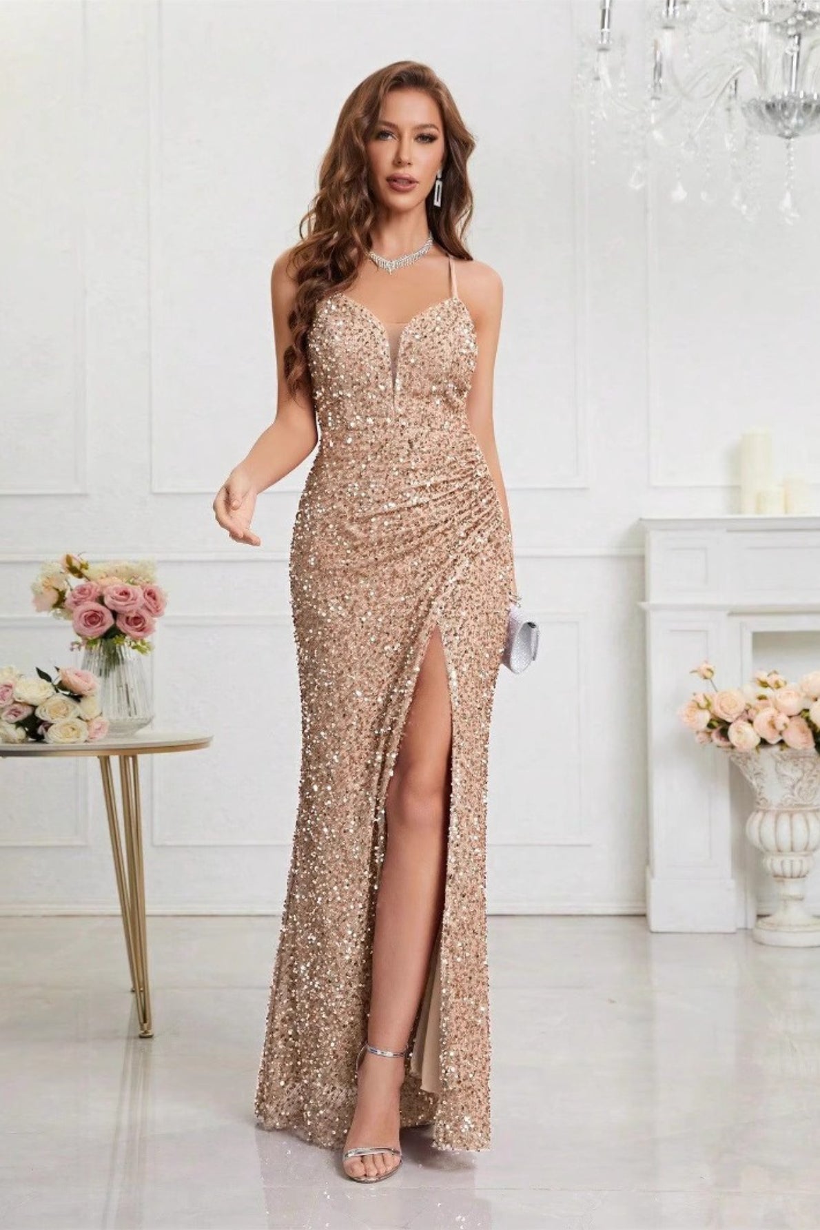 Spaghetti Strap Sweetheart Sequin Ruched High Split Mermaid Gown 9