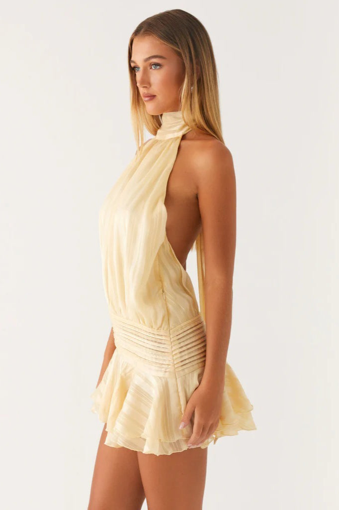 Satin Halter Neck Ruched Ruffle Hem Mini Dress - View 6