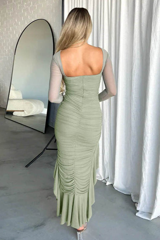 Mesh Ruffled Ruched Backless Midi Dress - View 3