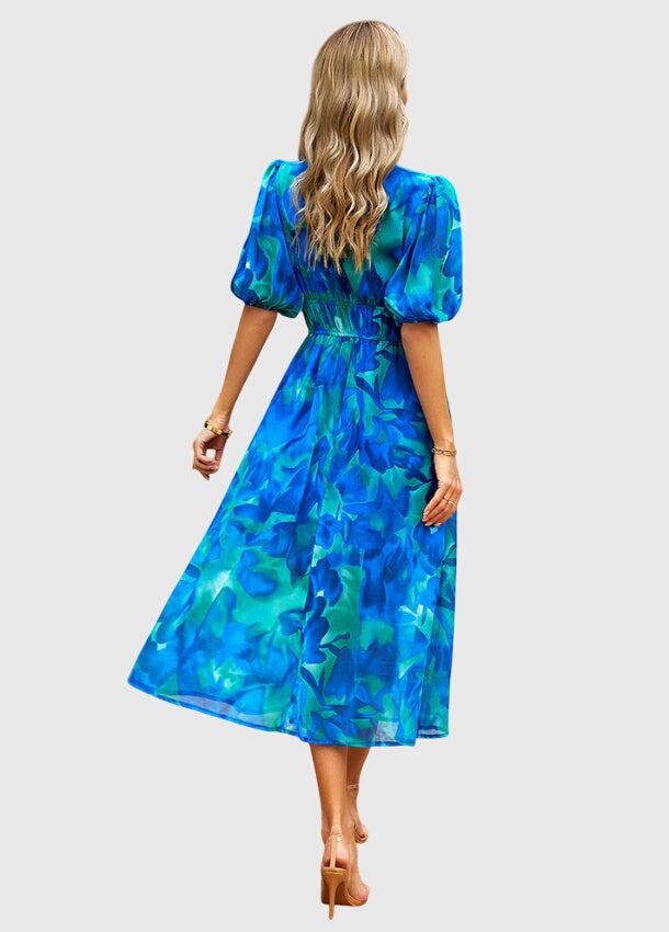 Floral Print Deep V-Neck Puff Sleeve High Waist Maxi Dress 7