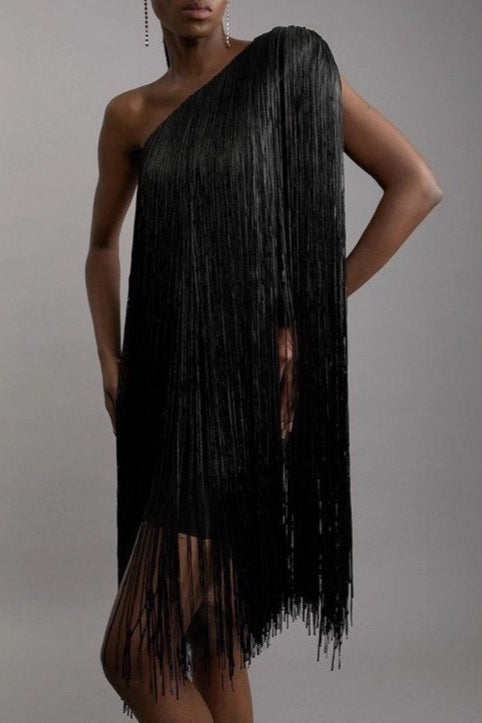 One Shoulder Fringe Overlay Bodycon Mini Cocktail Dress - View 2