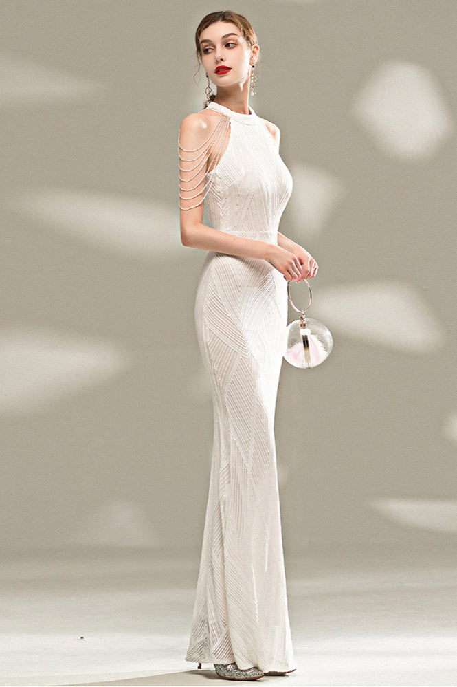 Sequin Halter Neck Fringe Trim Mermaid Maxi Gown - View 4