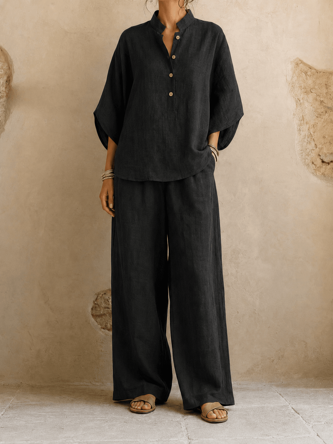 Stand Collar Three Quarter Sleeve Button Top and Wide Leg Pants Two Piece Set