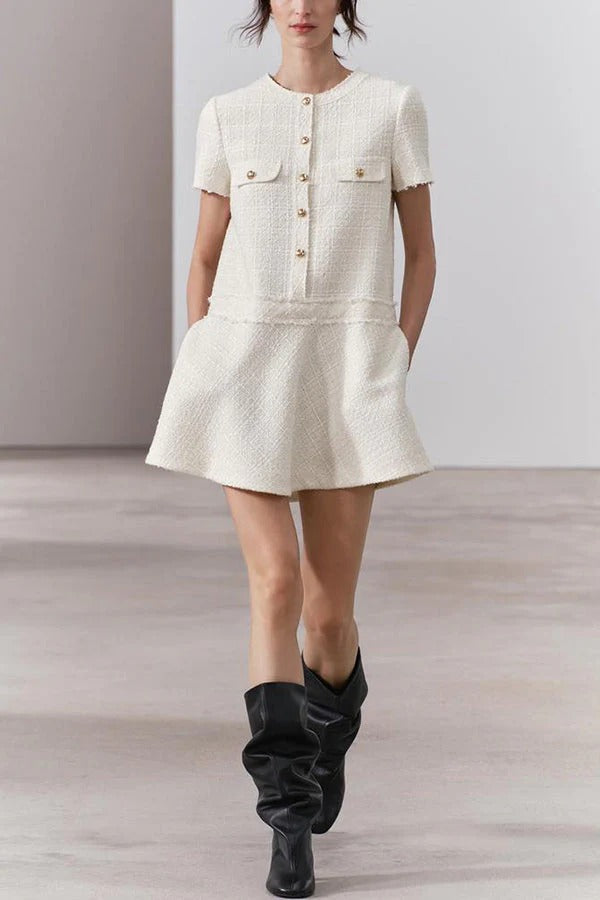 Textured Boucle Gold Button Short Sleeve A-Line Mini Dress - View 7