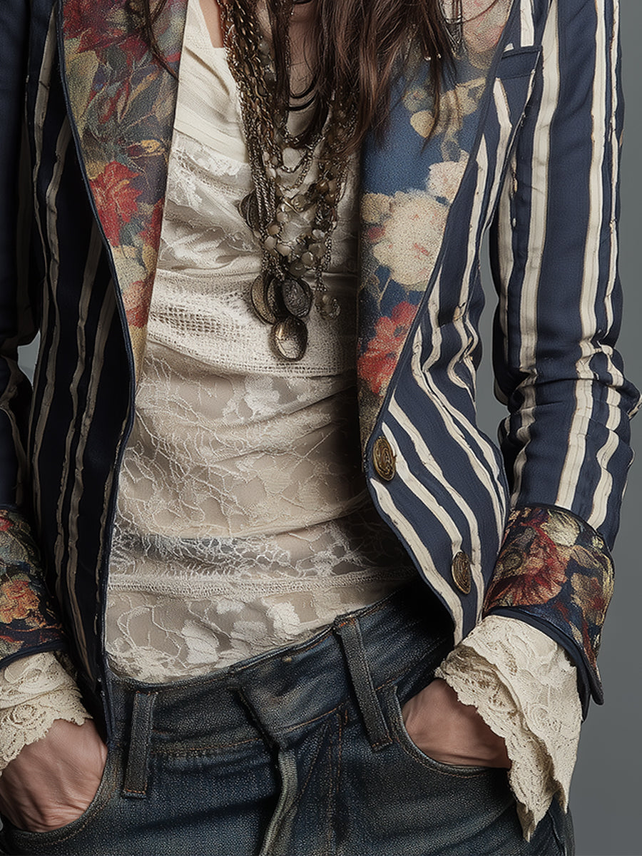 Striped Floral Panel Contrast Lapel Blazer 10