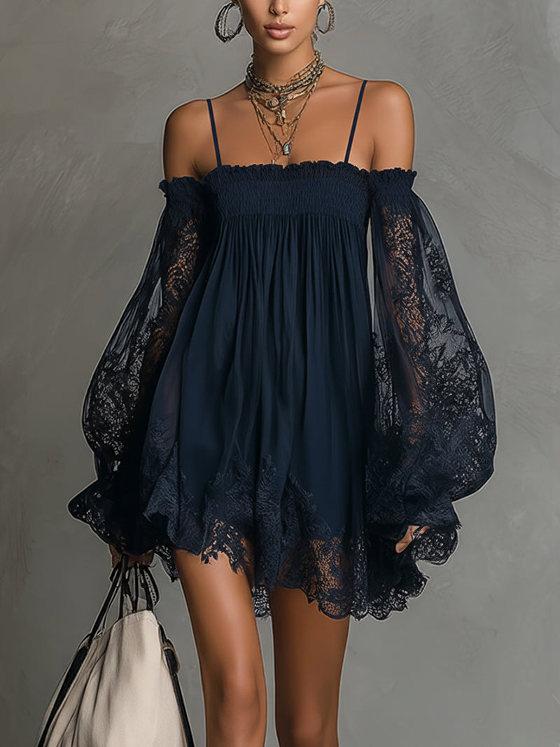 Off Shoulder Sheer Lace Balloon Sleeve Smocked Mini Dress