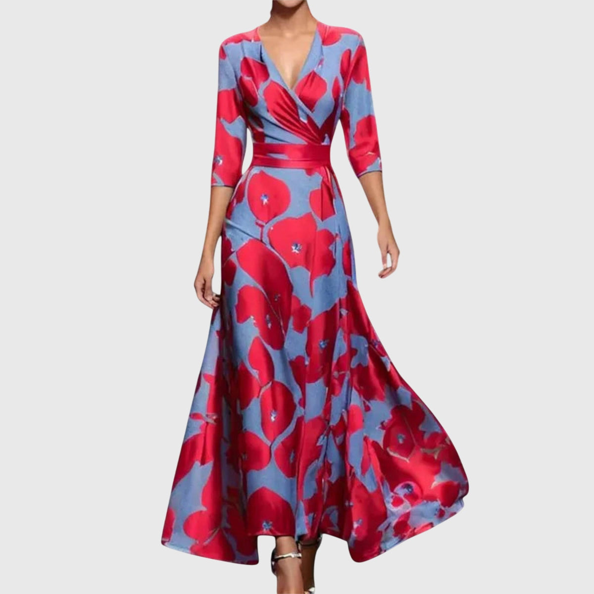 Floral Print Deep V-Neck Three Quarter Sleeve Wrap Maxi Dress