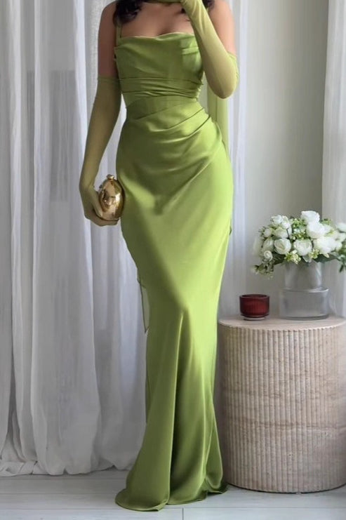 Satin Square Neck Ruched Slim Fit Maxi Prom Dress - View 3