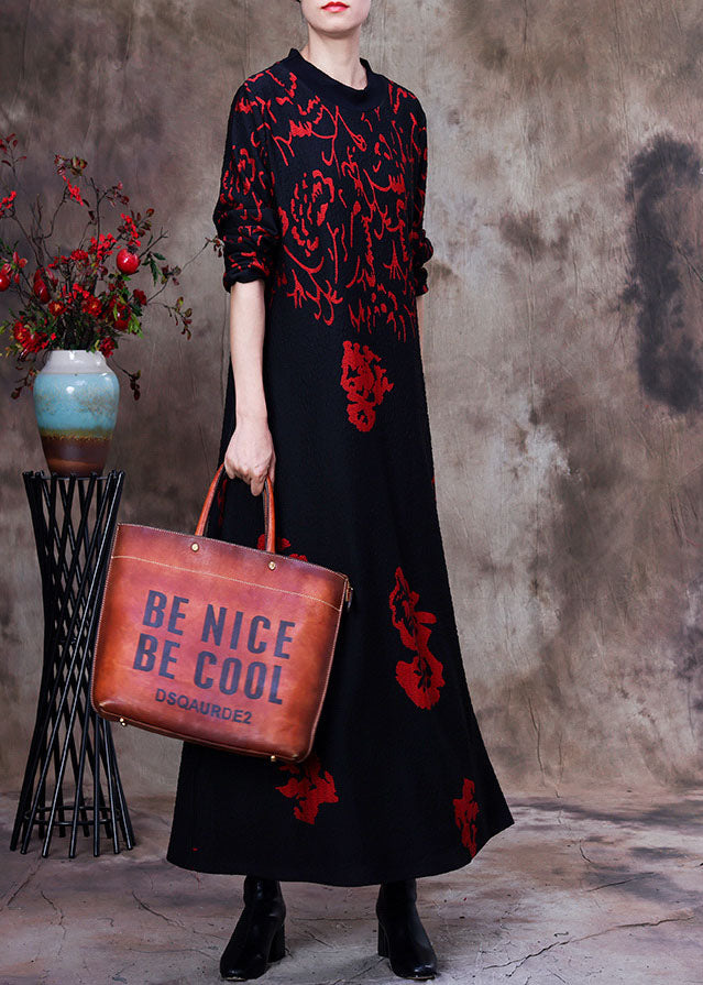 Abstract Calligraphy Print Mock Neck Long Sleeve Maxi Dress - View 3