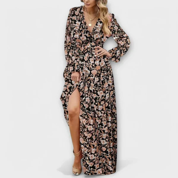 Floral V-Neck Long Sleeve Ruffle Tiered Boho Maxi Dress 2