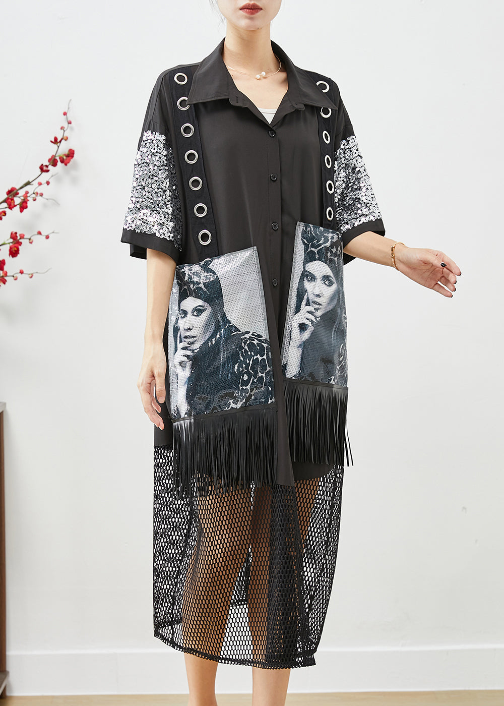 Sequin Sleeve Grommet Strap Graphic Print Fringe Mesh Hem Shirt Dress - View 2