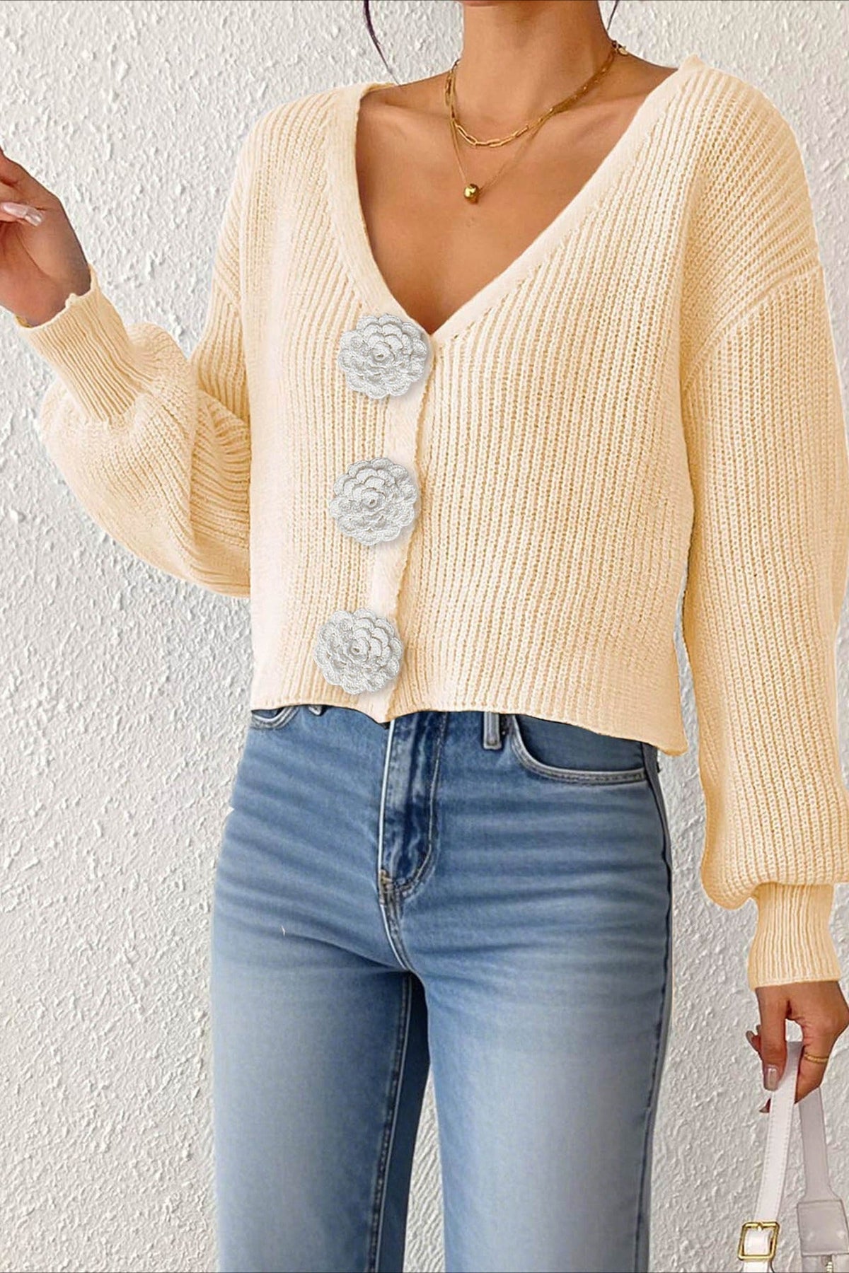 Button Front Crochet Knit Crop Sweater