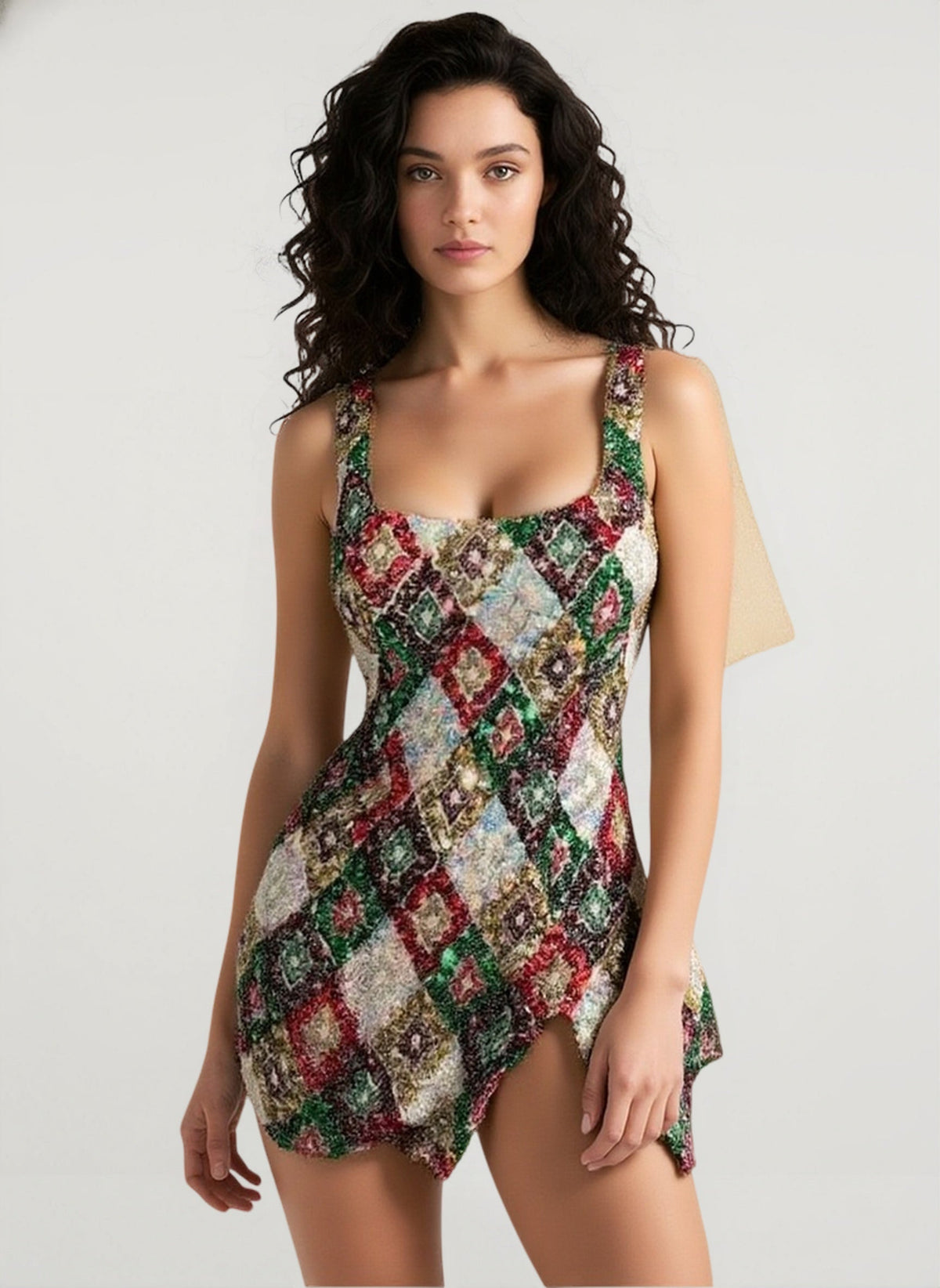 Sequin Square Neck Asymmetric Hem Bodycon Mini Dress