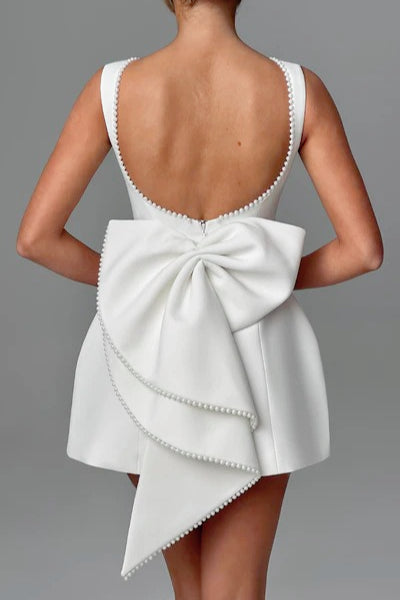 Pearl Trim Boat Neck Bow Back Fit and Flare Mini Dress - View 7