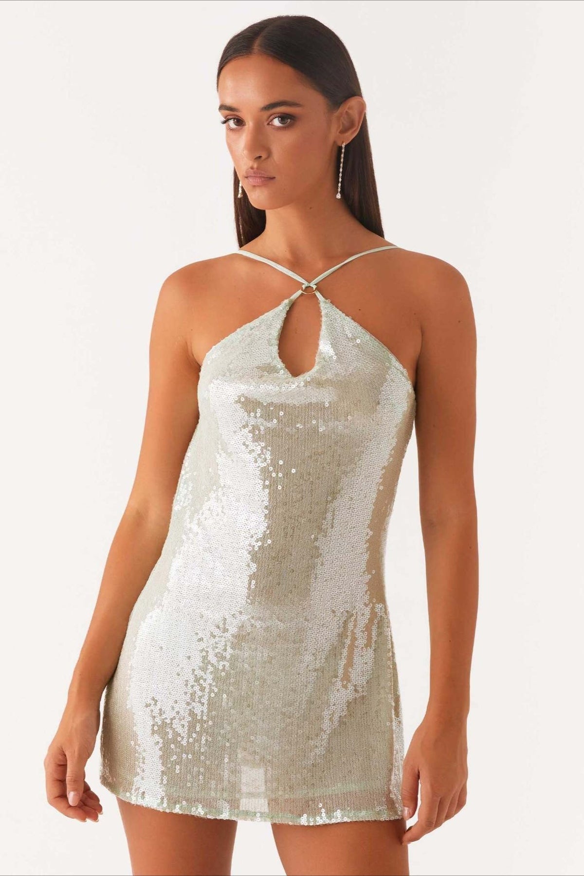 Sequin Halter Neck Backless Cowl Slip Mini Dress - View 3