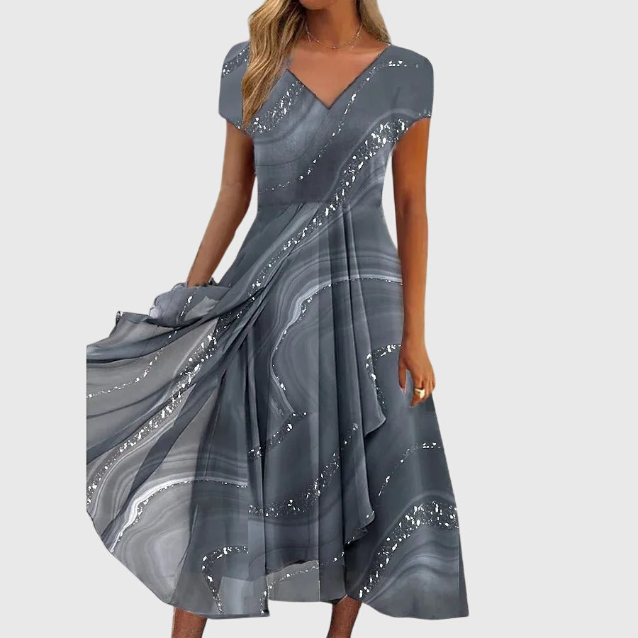 Marble Print V-Neck Cap Sleeve Chiffon Maxi Dress 3