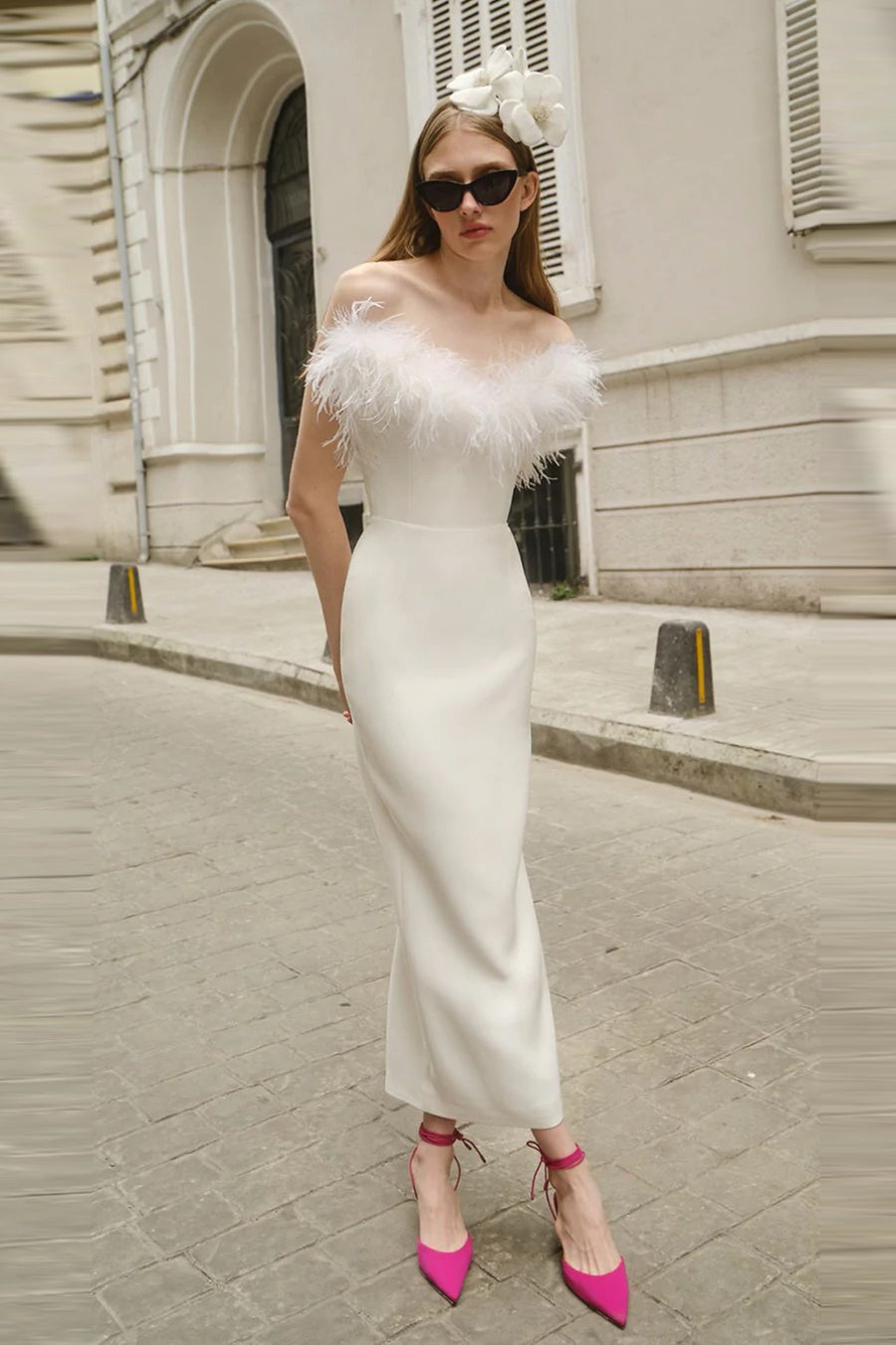 Feather Trim Off Shoulder Bodycon Maxi Prom Dress - View 4